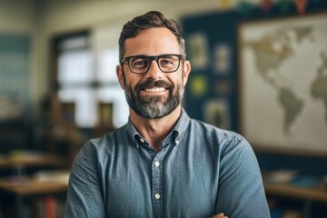 Wall Mural - Handsome bearded man teacher in classroom with arms crossed, cheerful education from elementary to university