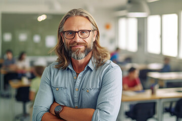 Handsome bearded man teacher in classroom with arms crossed, cheerful education from elementary to university