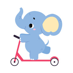 Poster - Cute Baby Elephant Character with Trunk Riding Scooter Vector Illustration