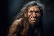 Portrait of a neanderthal man, prehistoric human, tribal caveman in a dark cave, hunter from prehistory era