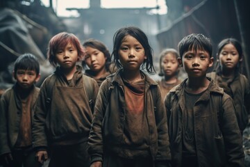 group portrait of young asian children forced into labor, working in a dirty factory, facing poverty