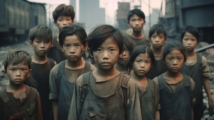 Group portrait of young asian children forced into labor, working in a dirty factory, facing poverty and abuse, concept of child slavery