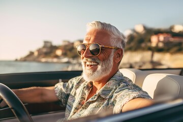 happy bearded senior man enjoying summer road trip in italy, luxury cabrio adventure, wealth and fre