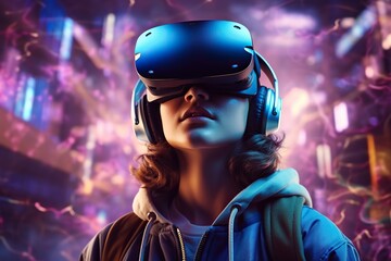 Teenager immersed in VR metaverse, playing video game with virtual reality headset on neon cyberpunk city street, experiencing futuristic technology