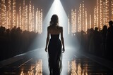 Fototapeta Londyn - Fashion show, back view of beautiful model walking on runway