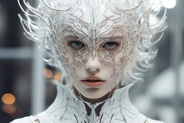 Futuristic fashion model in silver digital tech face mask, metaverse trend, woman with metallic accessories, portrait of cyber clothing future, ar jewellery trendsetter