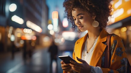 Night city scene, woman using mobile app on the phone under neon lights of street