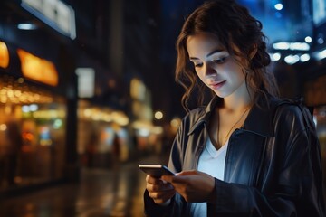 Wall Mural - Night city scene, woman using mobile app on the phone under neon lights of street