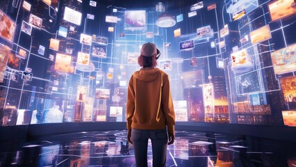 Virtual reality female gamer in futuristic metaverse city, 3d avatar of woman walking in neon cyberspace, gaming entertainment illustration