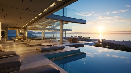 luxury home with modern pool at sunrise, contemporary villa architecture, resort style hotel with be