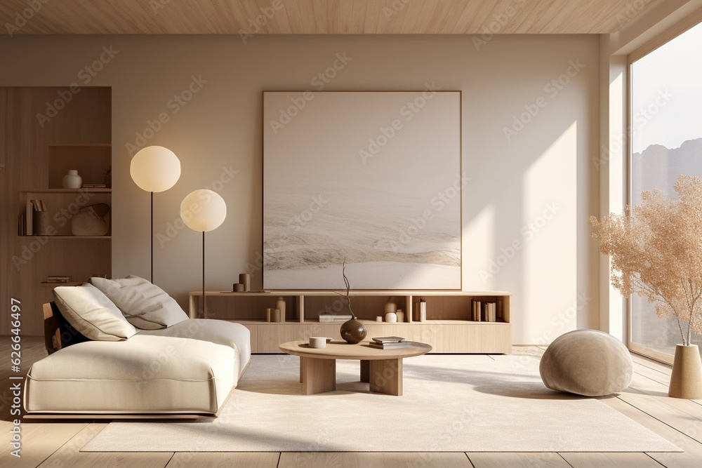 Japandi living room interior with cozy beige couch, modern minimalist