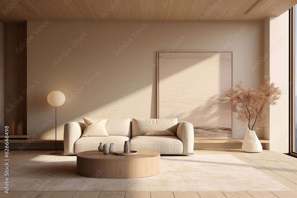 Japandi living room interior with cozy beige couch, modern minimalist ...