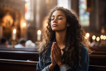 Young woman praying in catholic church with closed eyes