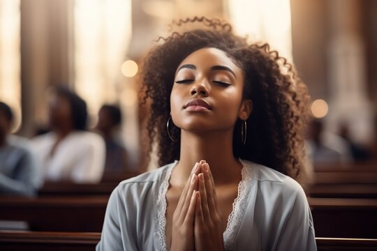 Young african woman as a deep prayer at a catholic church, hands held in worship towards the light