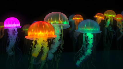 Canvas Print - glowing sea jellyfishes on dark background, neural network generated image