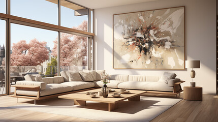 Wall Mural - Stylish Living Room Interior with a Frame Poster Mockup, Modern Interior Design, 3D Render, 3D Illustration