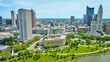 Downtown Columbus Ohio AEP to LeVeque Tower aerial shot