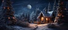 Starry Night ,full Moon ,winter Forest , Christmas Trees ,wooden Cabin With Light In Windows, ,pine Trees Covered By Snow ,winter Christmas Festive Background