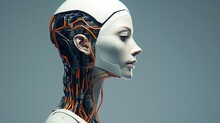 Face Of Female Robot With Wires. Digital Cyborg. Artificial Intelligence Concept. Background In Technology Style. Illustration For Banner, Poster, Cover, Brochure Or Presentation.