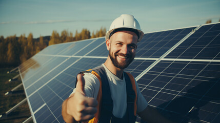 Sustainable life: A worker next to solar panels with thumb up.


Generative AI