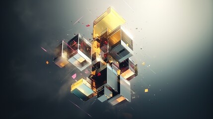 Abstract isometric background with glassy glowing cubes. Composition created from transparent blocks. Cyberspace city with crystalline houses. Illustration of futuristic modern city architecture.
