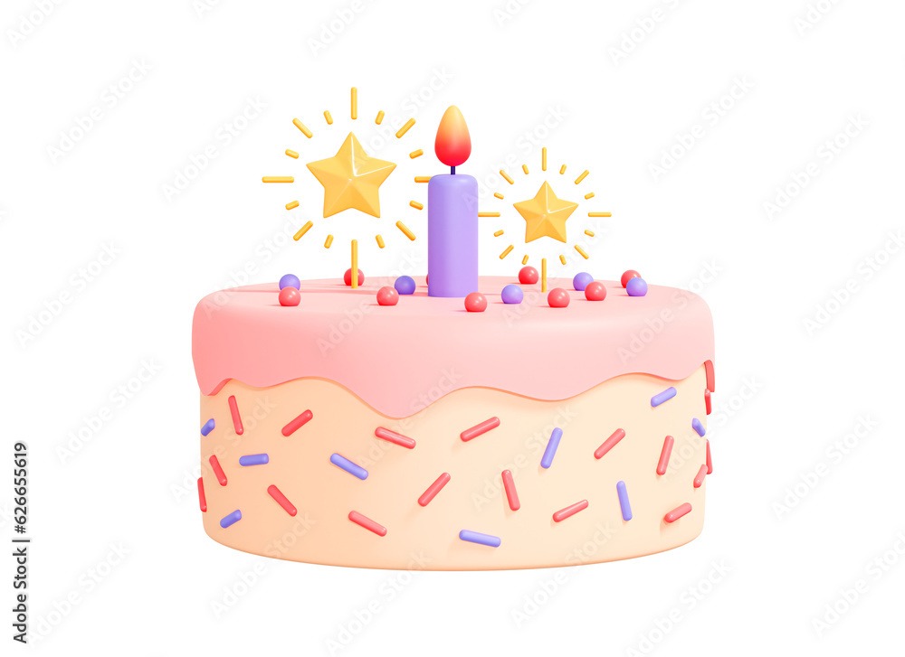 3D Birthday cake with candle and decoration sprinkles. Pink cake emoji ...