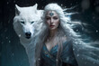 Beautiful ice queen with white wolf by her side