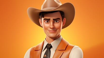 handsome man wearing cowboy hat and gark yellow background