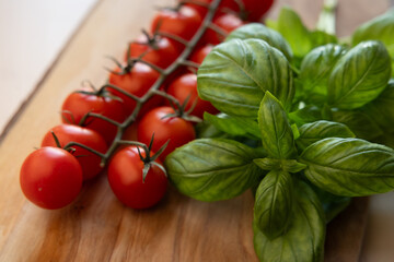 Fresh Italian sweet basil and tomatoes on a kitchen table in front of an open window at sunset