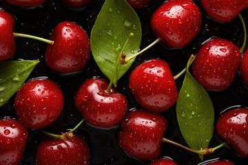 Wall Mural - Fresh wet sweet cherry on black background. Colorful fruit pattern. Creative berries concept. Vegan food. Flat lay, top view