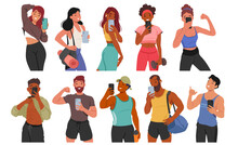 Fitness Enthusiasts Male And Female Characters Capturing Their Workout Triumphs With Selfies In The Gym, Vector