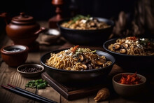 Thai Noodles Bowl With Mushrooms. Restaurant Serving. Menu Photo. Generative AI.