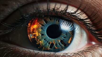 close-up of a human eye reflecting a digital mind