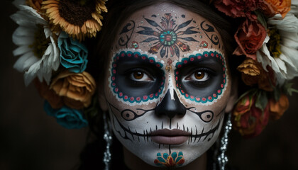 Wall Mural - Portrait of a girl with makeup for the Day of the Dead in Mexico. Generative AI.