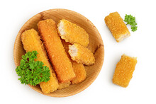 Fish Finger Or Stick With Parsley In Wooden Bowl Isolated On White Background With Full Depth Of Field. Top View. Flat Lay
