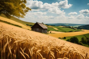 Wall Mural - A peaceful and picturesque countryside scene, rolling hills covered in golden wheat fields, a small cottage nestled in the midst, a clear blue sky with fluffy clouds
