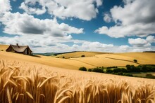 A Peaceful And Picturesque Countryside Scene, Rolling Hills Covered In Golden Wheat Fields, A Small Cottage Nestled In The Midst, A Clear Blue Sky With Fluffy Clouds