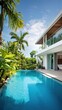© Jim1786 - Bali style Inviting Retreat, Contemporary Residence luxury villa with large swimming pool, Luxury modern estate property , Summer vacation, tourism, generative ai.