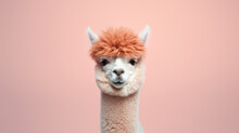 Advertising Portrait, Banner, Funny Alpaca With Orange Hair, Looks Straight, Isolated On Pink Background