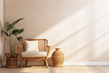 empty beige wall mockup in boho room interior with wicker armchair and vase. natural daylight from a