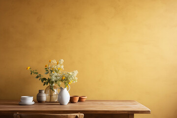 textured mustard yellow wall copy space. monochrome empty wall in kitchen with minimalist table. wal