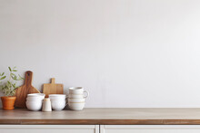 Empty Tabletop With White Tableware And Copy Space. Kitchen Minimalist Interior With Wood Table. Promotion Background.