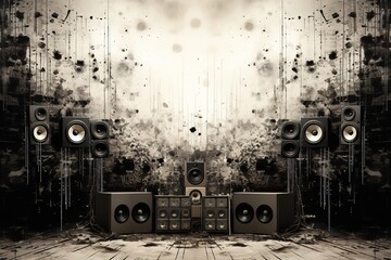 Music speakers on the wall in monochrome vintage style