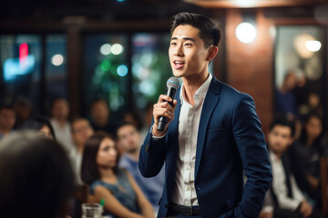 Younger Asian man engaged in a first-time public speaking event, filled with genuine emotion and feelings