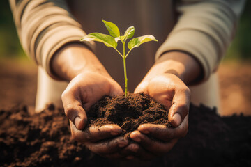 Hands together holding small plant in fertile soil, environmental sustainability, nurturing growth, eco-awareness concept. Closeup