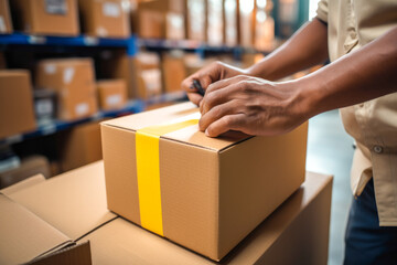 closeup of a man's hands taping a cardboard box, preparing it for shipment in an e-commerce warehous