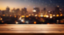 Wooden Product Photography Podium With Blurred City View In Front With Lights