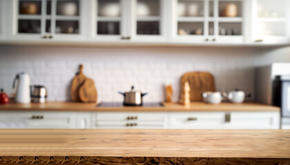 blurred kitchen interior and wooden desk space home background