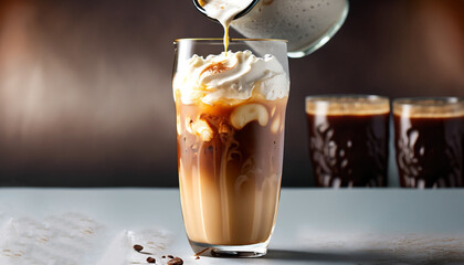 Iced coffee in a tall glass with cream poured over