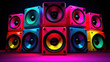 Stunning audio speakers in neon pink, electric blue, and lime green glow, giving the vibrant impression of emitting sound. The glowing, bright, warm colors pop. 